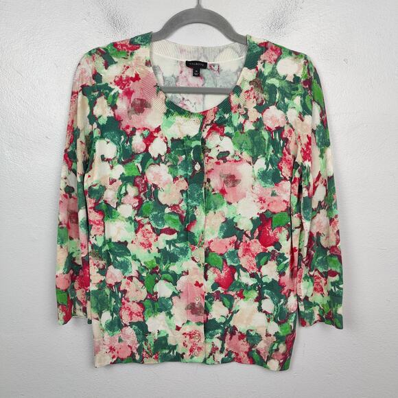 Talbots Cardigan‎ Sweater Womens Medium Green Pink Floral Button Up Preppy - Picture 1 of 7